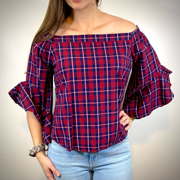 HeartSoul Belled Sleeved Off-The-Shoulder Blouse - Size Medium - Red and Blue - Picture 1 of 1